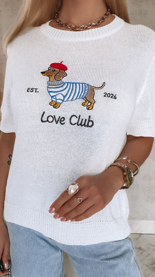 Oryginalny sweter z haftowanym jamnikiem i krótkimi rękawami ONE SIZE biały - R856