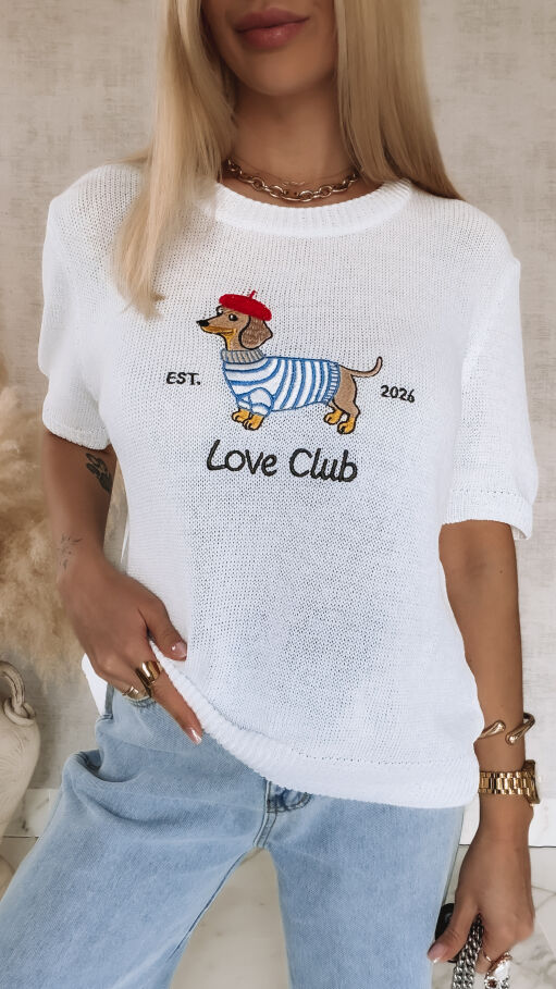 Oryginalny sweter z haftowanym jamnikiem i krótkimi rękawami ONE SIZE biały - R856