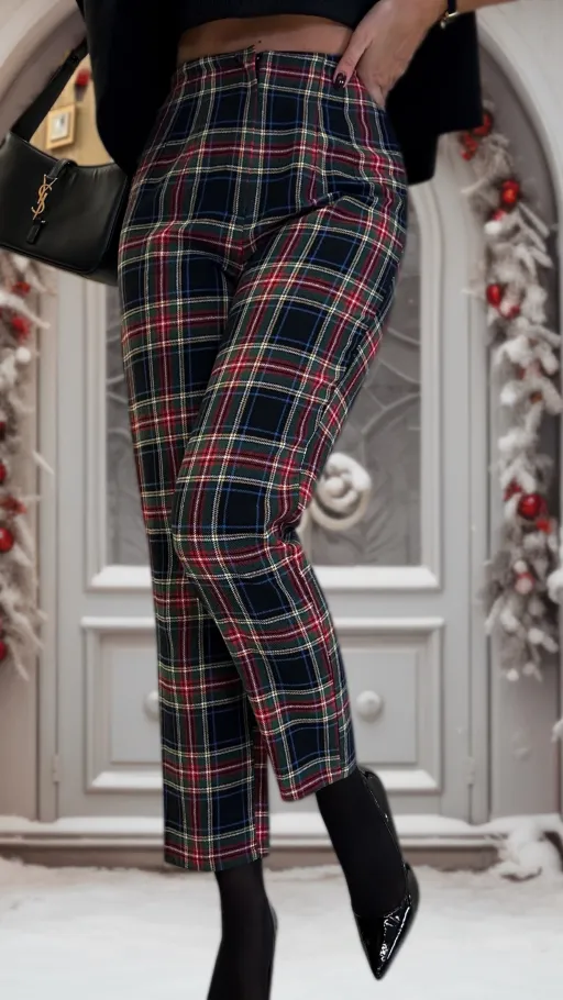 Wyjątkowe bawełniane spodnie w modną kratkę z gumką w pasie - N995