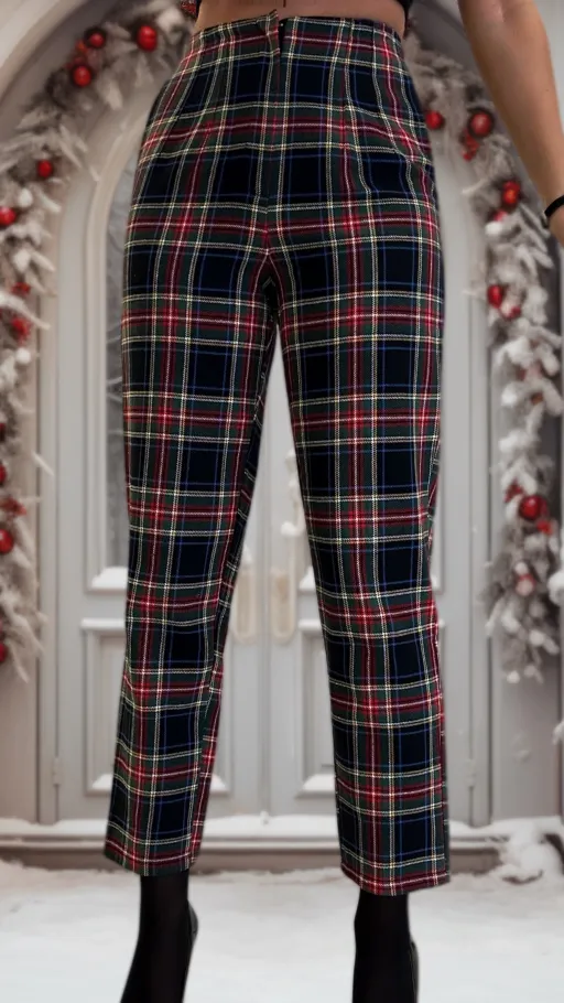 Wyjątkowe bawełniane spodnie w modną kratkę z gumką w pasie - N995