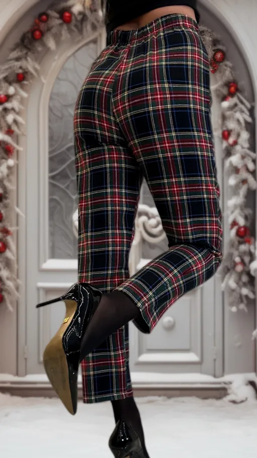 Wyjątkowe bawełniane spodnie w modną kratkę z gumką w pasie - N995