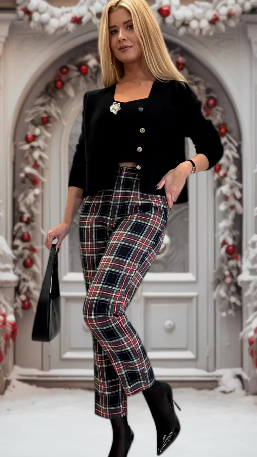 Wyjątkowe bawełniane spodnie w modną kratkę z gumką w pasie - N995