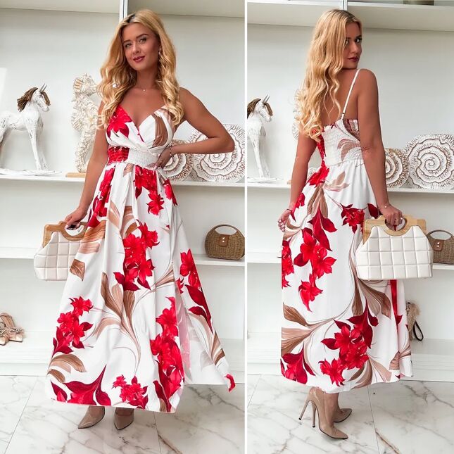 MAXI sukienka w kolorowe kwiaty z pięknym rozcięciem ONE SIZE - P844