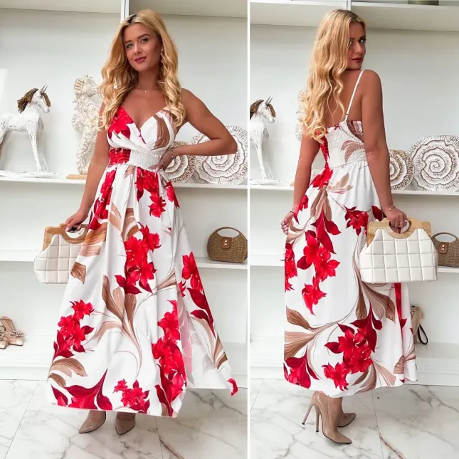 MAXI sukienka w kolorowe kwiaty z pięknym rozcięciem ONE SIZE - P844