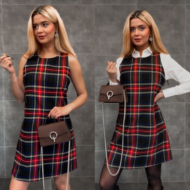 Klasyczna granatowa sukienka w kratę w stylu litery A one size - R336