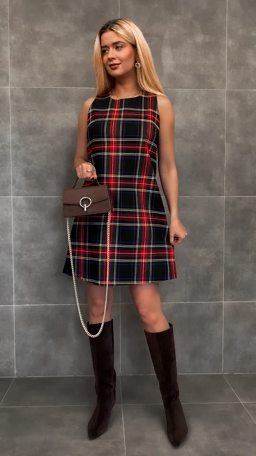 Klasyczna granatowa sukienka w kratę w stylu litery A one size - R336