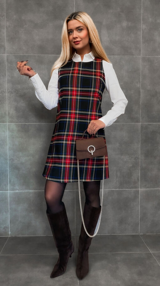 Klasyczna granatowa sukienka w kratę w stylu litery A one size - R336