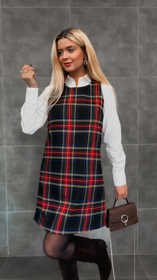 Klasyczna granatowa sukienka w kratę w stylu litery A one size - R336