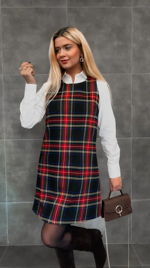 Klasyczna granatowa sukienka w kratę w stylu litery A one size - R336