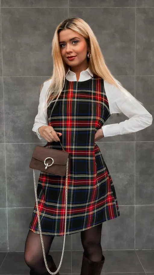 Klasyczna granatowa sukienka w kratę w stylu litery A one size - R336