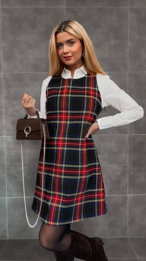 Klasyczna granatowa sukienka w kratę w stylu litery A one size - R336