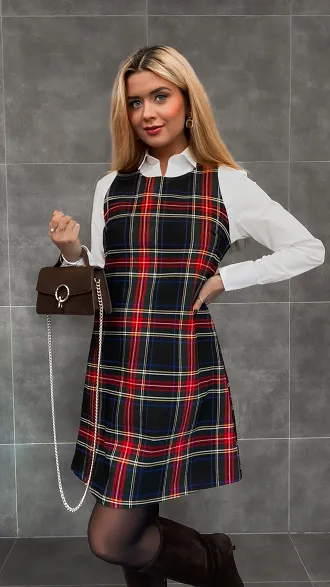 Klasyczna granatowa sukienka w kratę w stylu litery A one size - R336