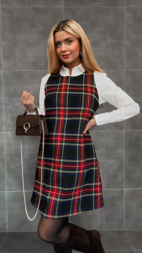 Klasyczna granatowa sukienka w kratę w stylu litery A one size - R336