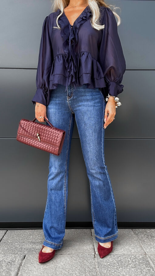 Elastyczne spodnie jeansowe DZWONY z paskiem BLUE JEANS - P995