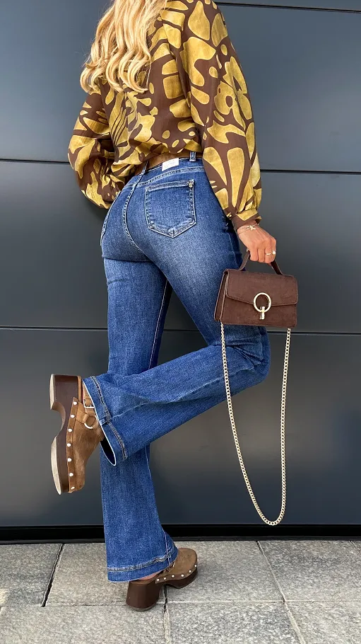 Elastyczne spodnie jeansowe DZWONY z paskiem BLUE JEANS - P995