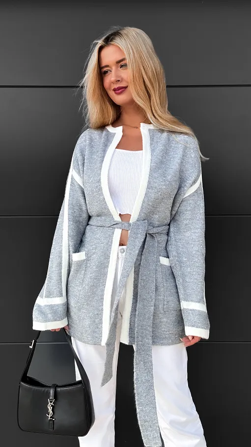 Wiązany szary kardigan z kieszeniami ONE SIZE - R081