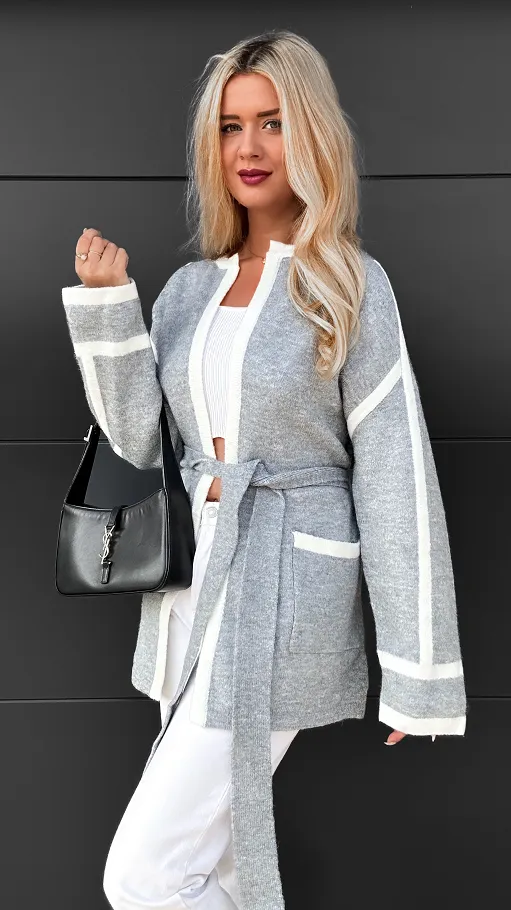 Wiązany szary kardigan z kieszeniami ONE SIZE - R081