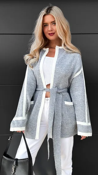 Wiązany szary kardigan z kieszeniami ONE SIZE - R081