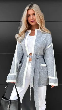 Wiązany szary kardigan z kieszeniami ONE SIZE - R081