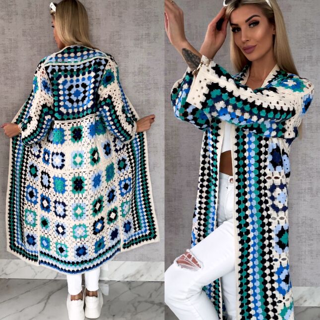 Wiosenna szydełkowa MAXI narzutka zielono-niebieska ONE SIZE - R646A