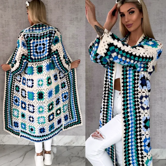 Wiosenna szydełkowa MAXI narzutka zielono-niebieska ONE SIZE - R646A