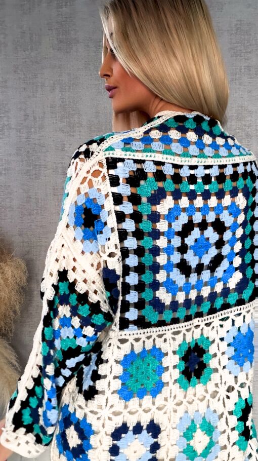 Wiosenna szydełkowa MAXI narzutka zielono-niebieska ONE SIZE - R646A