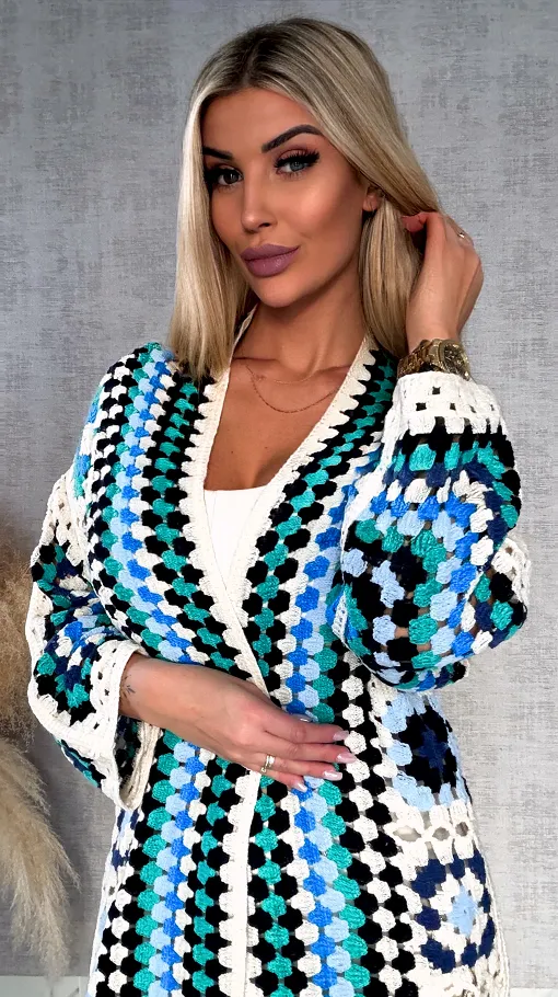 Wiosenna szydełkowa MAXI narzutka zielono-niebieska ONE SIZE - R646A