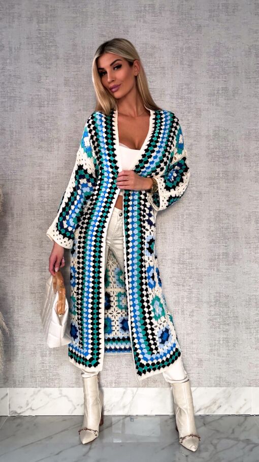 Wiosenna szydełkowa MAXI narzutka zielono-niebieska ONE SIZE - R646A