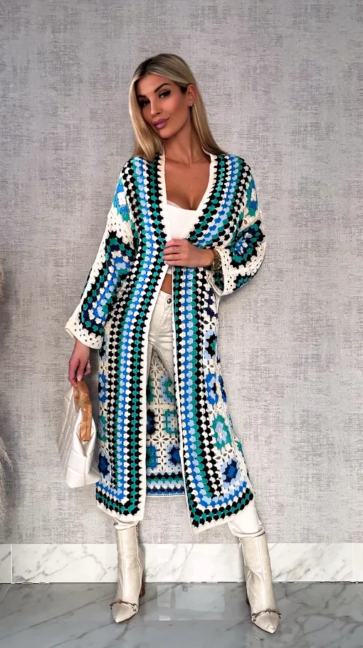 Wiosenna szydełkowa MAXI narzutka zielono-niebieska ONE SIZE - R646A