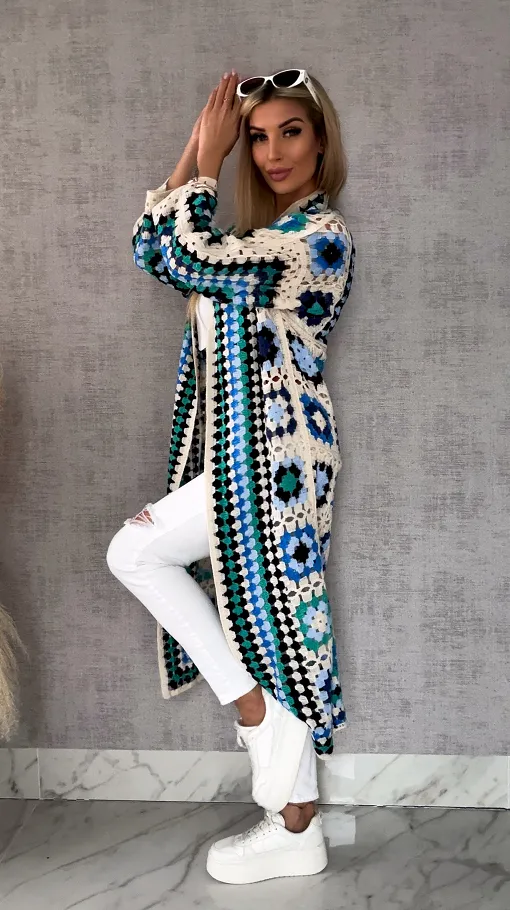 Wiosenna szydełkowa MAXI narzutka zielono-niebieska ONE SIZE - R646A