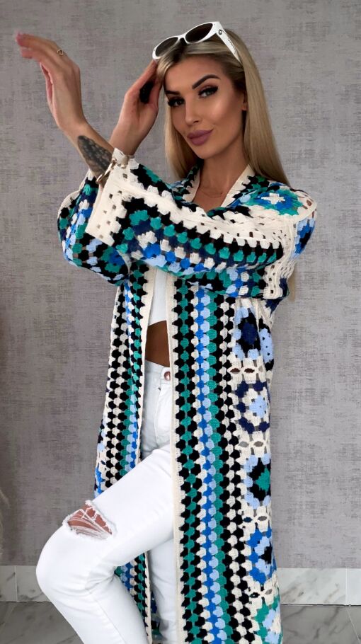 Wiosenna szydełkowa MAXI narzutka zielono-niebieska ONE SIZE - R646A