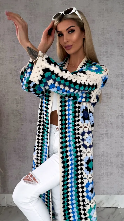 Wiosenna szydełkowa MAXI narzutka zielono-niebieska ONE SIZE - R646A