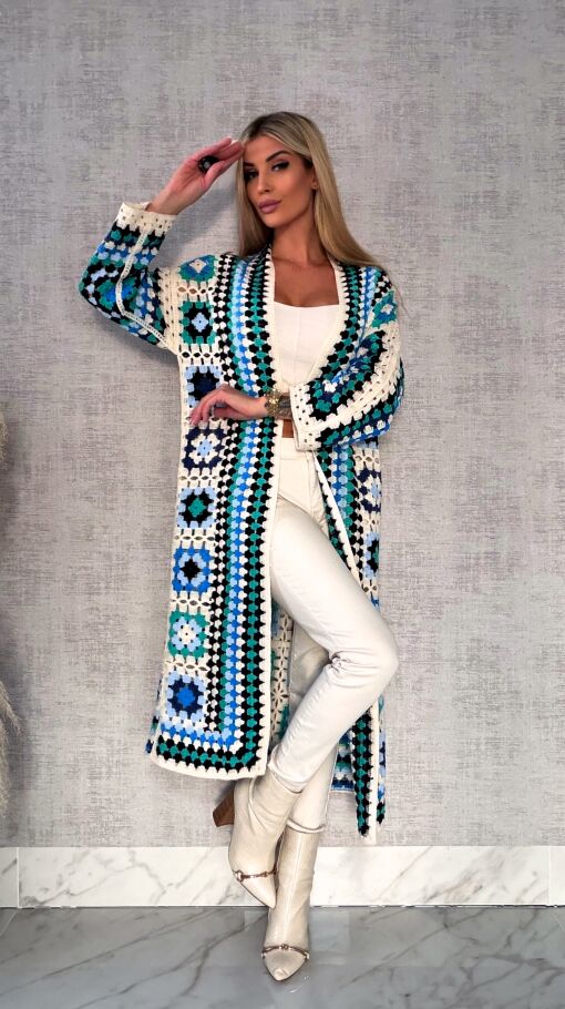 Wiosenna szydełkowa MAXI narzutka zielono-niebieska ONE SIZE - R646A