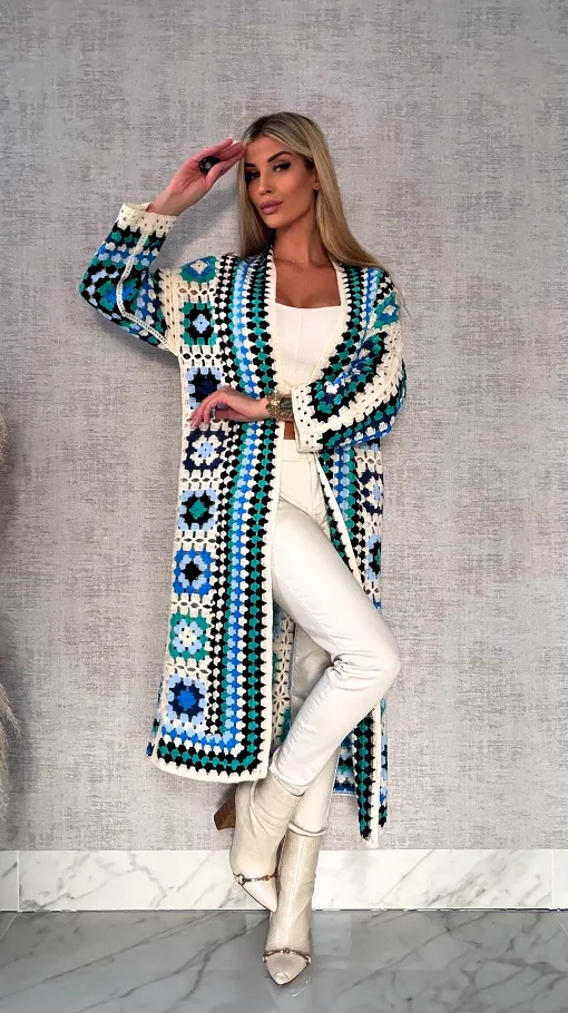 Wiosenna szydełkowa MAXI narzutka zielono-niebieska ONE SIZE - R646A