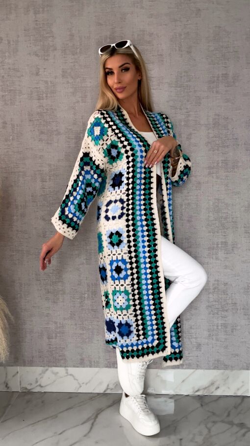 Wiosenna szydełkowa MAXI narzutka zielono-niebieska ONE SIZE - R646A