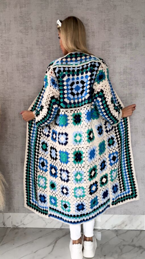 Wiosenna szydełkowa MAXI narzutka zielono-niebieska ONE SIZE - R646A