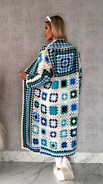 Wiosenna szydełkowa MAXI narzutka zielono-niebieska ONE SIZE - R646A