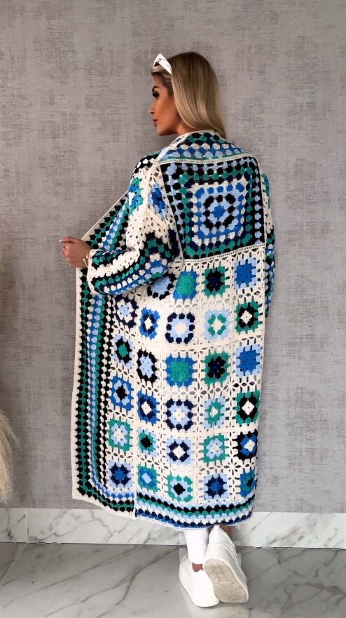 Wiosenna szydełkowa MAXI narzutka zielono-niebieska ONE SIZE - R646A