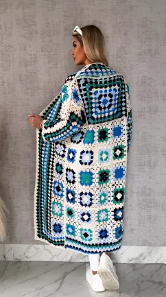 Wiosenna szydełkowa MAXI narzutka zielono-niebieska ONE SIZE - R646A