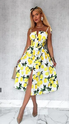 Letnia biała sukienka w cytryny cała zapinana ONE SIZE - P806A