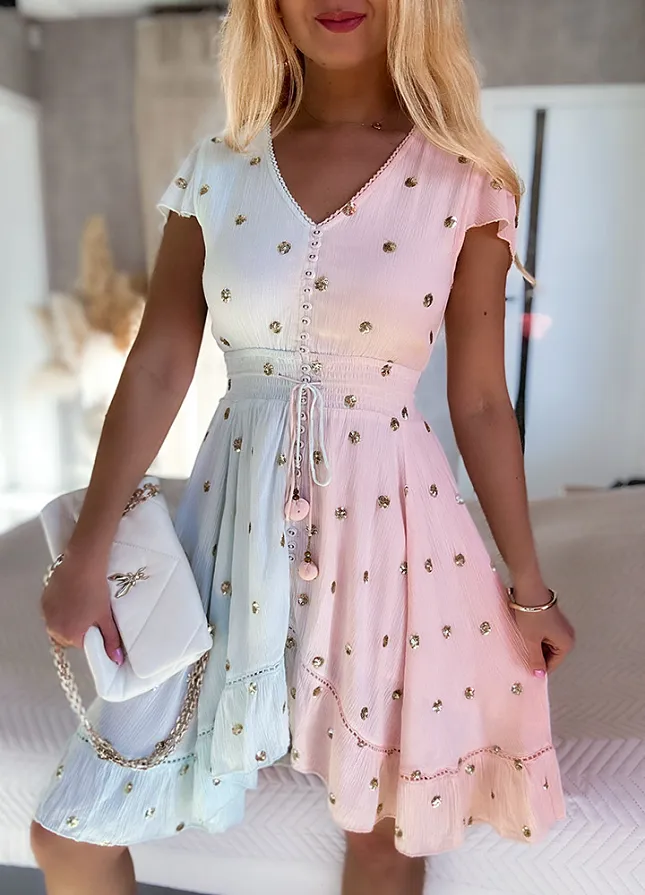 PREMIUM letnia sukienka DUO kolor w ZŁOTE grochy z cekinów BLUE/PINK - N110C