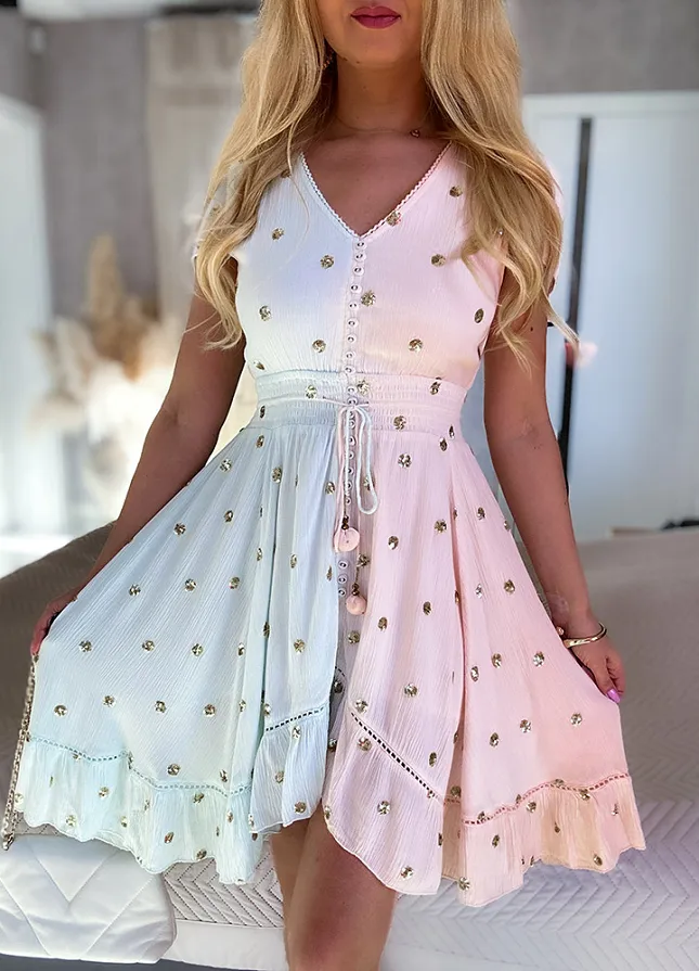 PREMIUM letnia sukienka DUO kolor w ZŁOTE grochy z cekinów BLUE/PINK - N110C