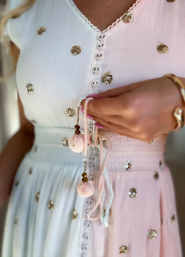 PREMIUM letnia sukienka DUO kolor w ZŁOTE grochy z cekinów BLUE/PINK - N110C