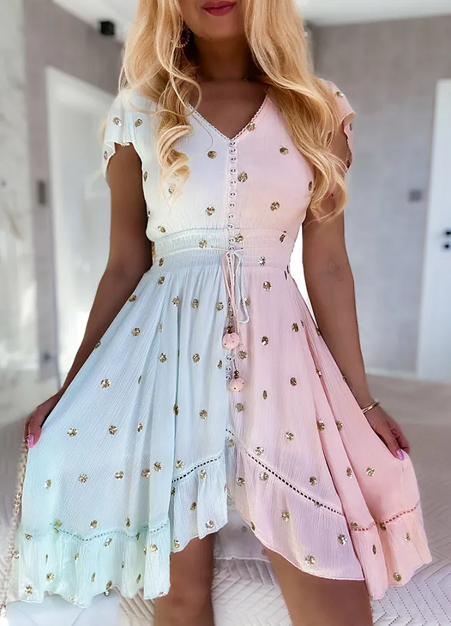 PREMIUM letnia sukienka DUO kolor w ZŁOTE grochy z cekinów BLUE/PINK - N110C