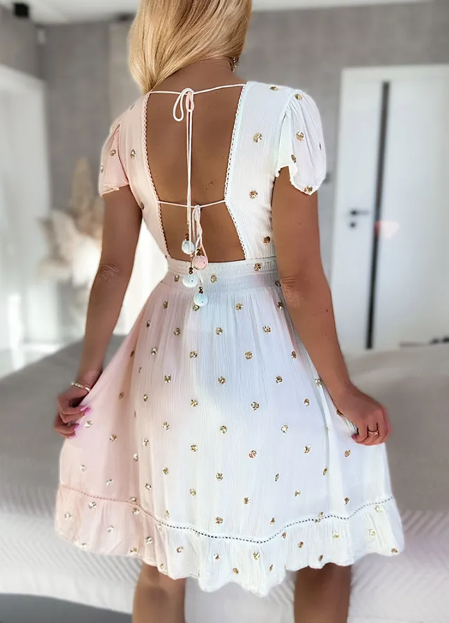 PREMIUM letnia sukienka DUO kolor w ZŁOTE grochy z cekinów BLUE/PINK - N110C