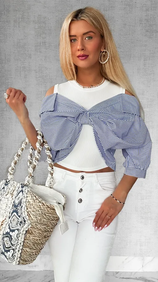 Modowa bluzka łączona z koszulą w paski ONE SIZE - P724