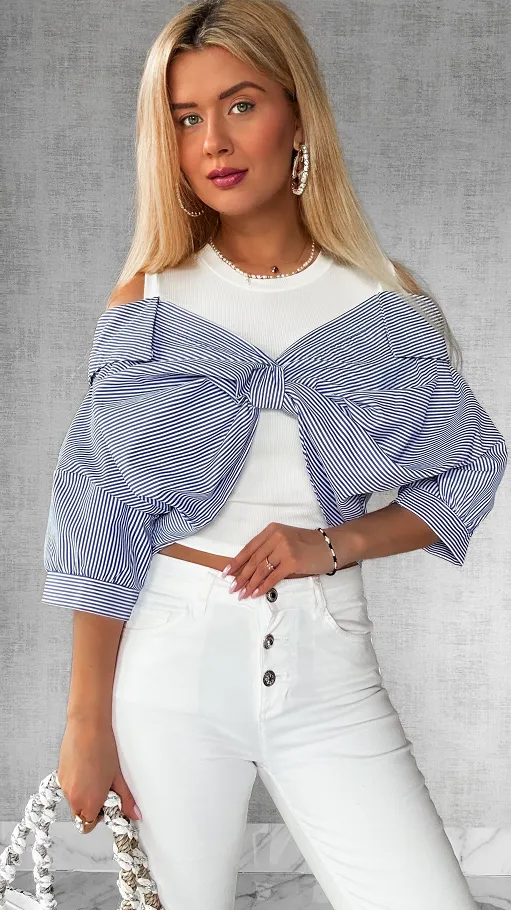 Modowa bluzka łączona z koszulą w paski ONE SIZE - P724