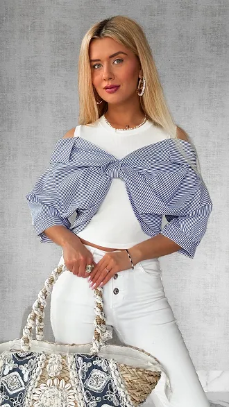 Modowa bluzka łączona z koszulą w paski ONE SIZE - P724