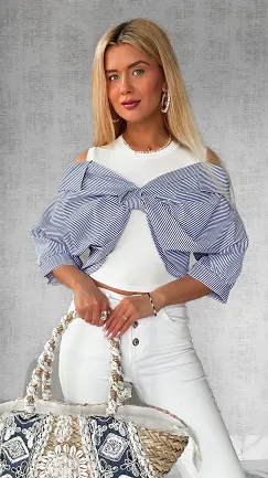 Modowa bluzka łączona z koszulą w paski ONE SIZE - P724