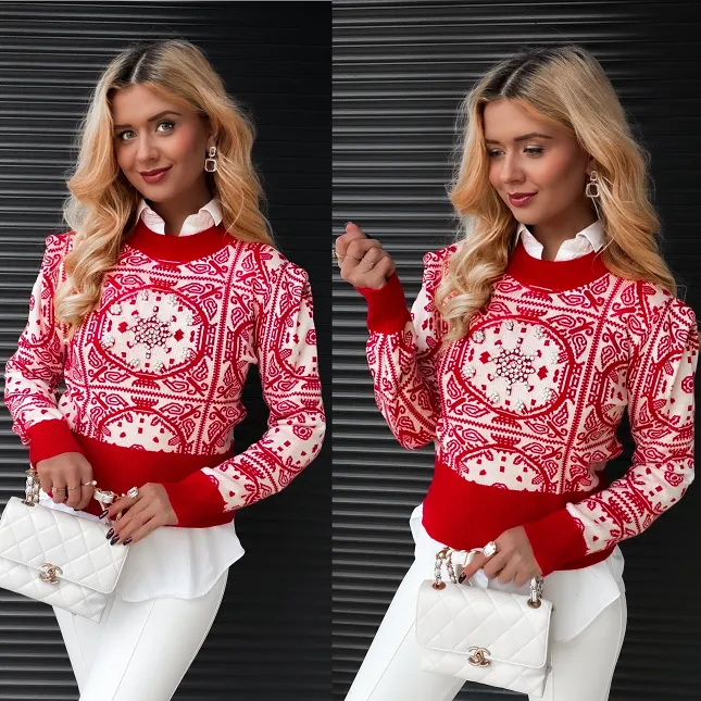 Czerwony sweter z zimowym akcentem WISKOZA one size - R362